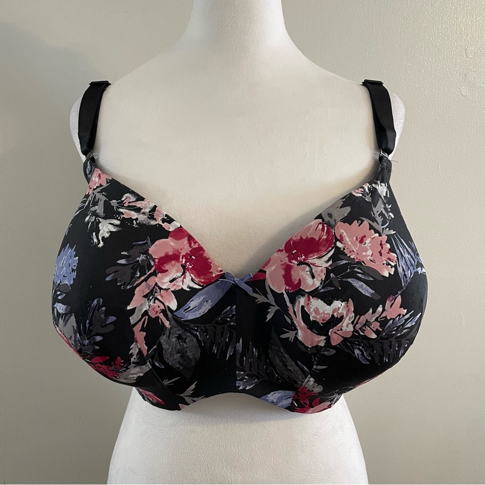 NWOT CACIQUE Lightly Lined Balconette Bra Black Pink Floral Lace 40H T-shirt New - Picture 2 of 13